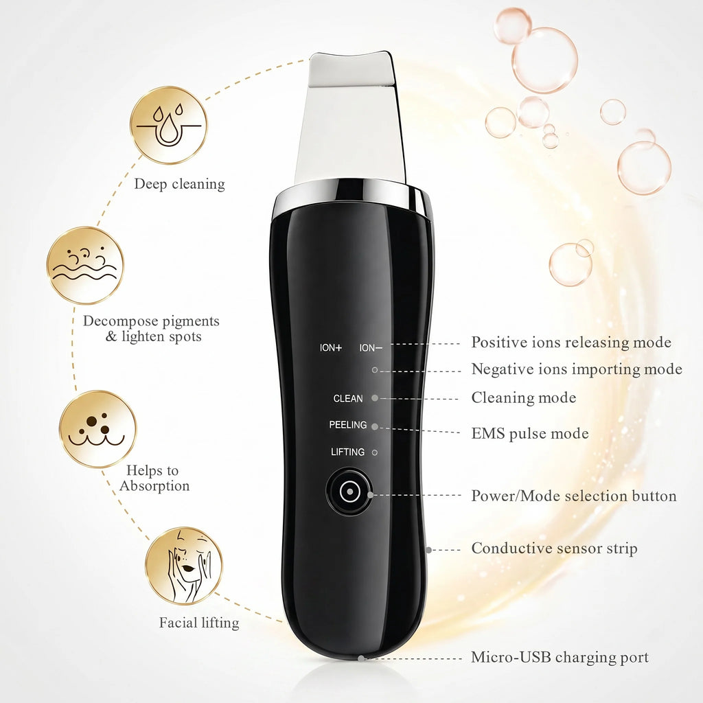 Electric Ultrasonic Skin Scrubber Face Spatula Home Ultrasonic Skin Scrubber Facial Cleaner Handheld Mini Derma Galvanica Tightening Face Scrubber Machine Skin Scrubber USB Ultrasonic