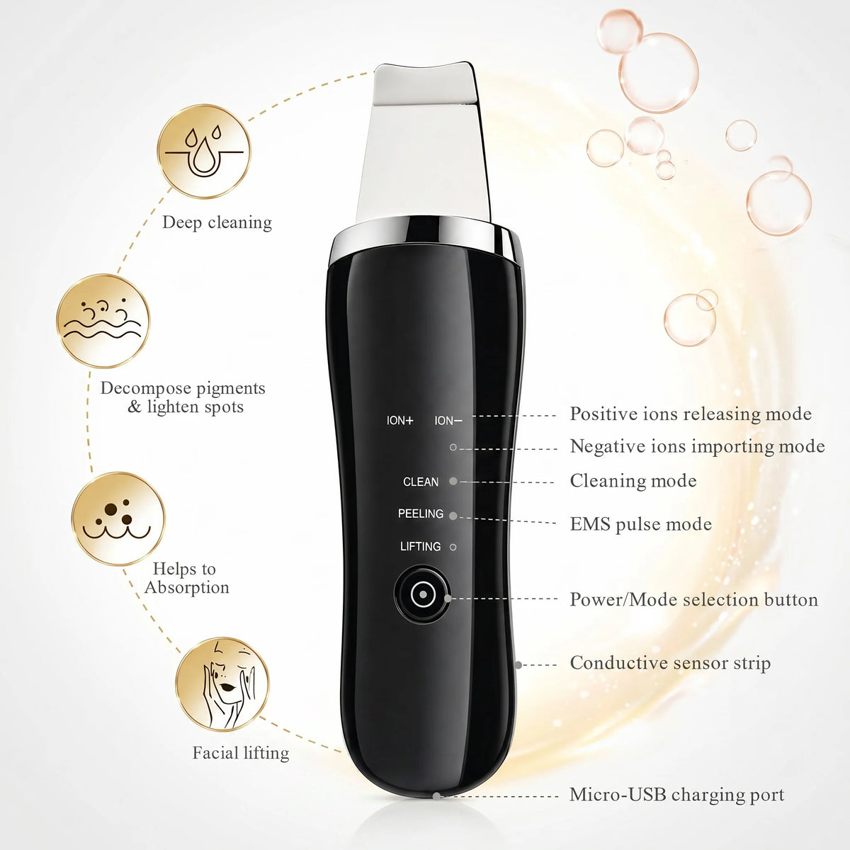Electric Ultrasonic Skin Scrubber Face Spatula Home Ultrasonic Skin Scrubber Facial Cleaner Handheld Mini Derma Galvanica Tightening Face Scrubber Machine Skin Scrubber USB Ultrasonic
